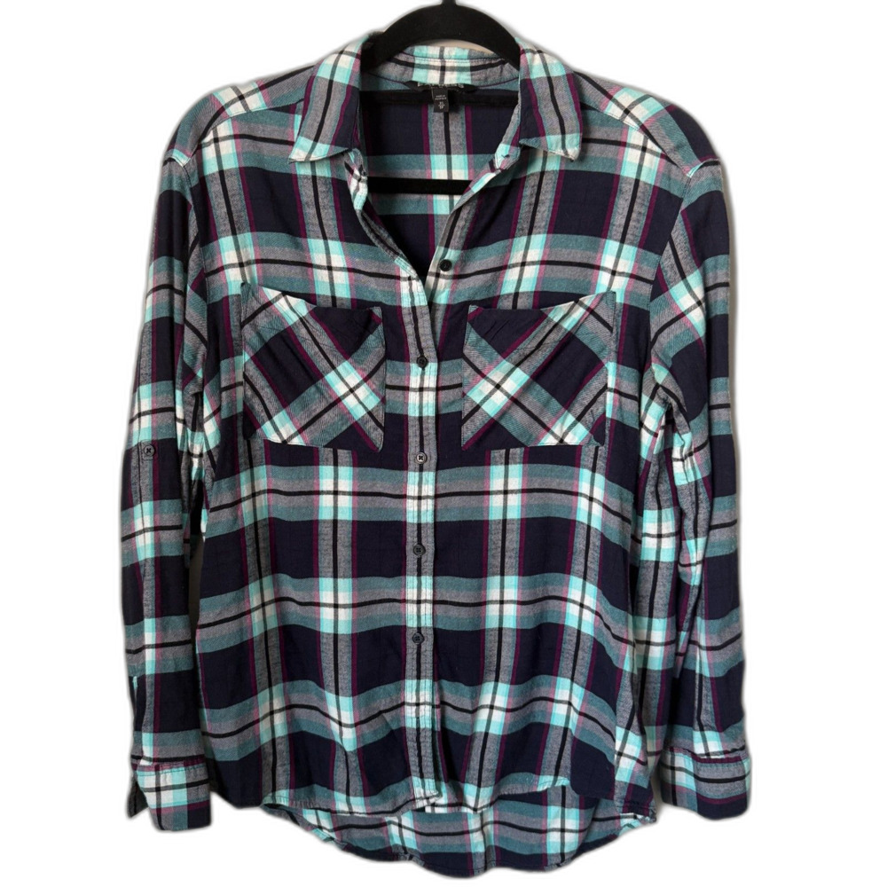 Express Plaid Flannel Button Down Shirt Size XS Roll Tab Sleeve Teal Purple